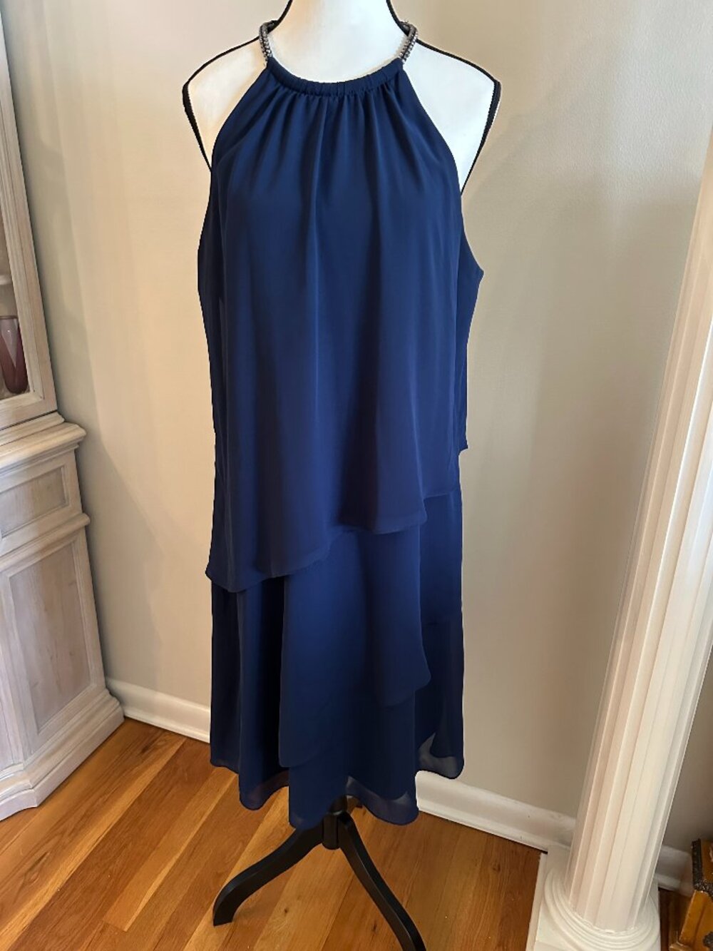 SLNY Size 16 Navy Blue Chiffon Layered Asymmetrical Midi Cocktail Dress